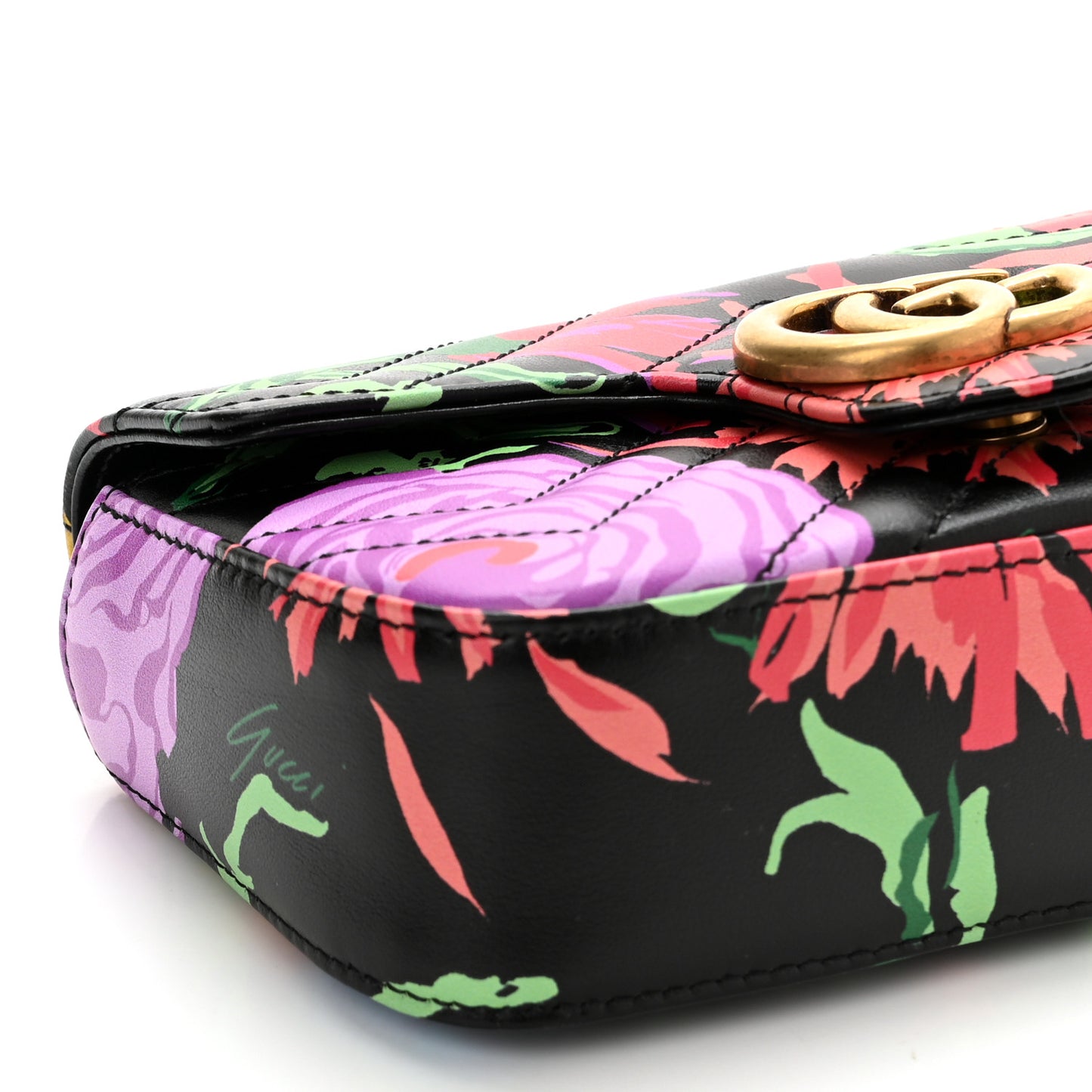 X KEN SCOTT Calfskin Matelasse Floral Print Super Mini GG Marmont Shoulder Bag Black