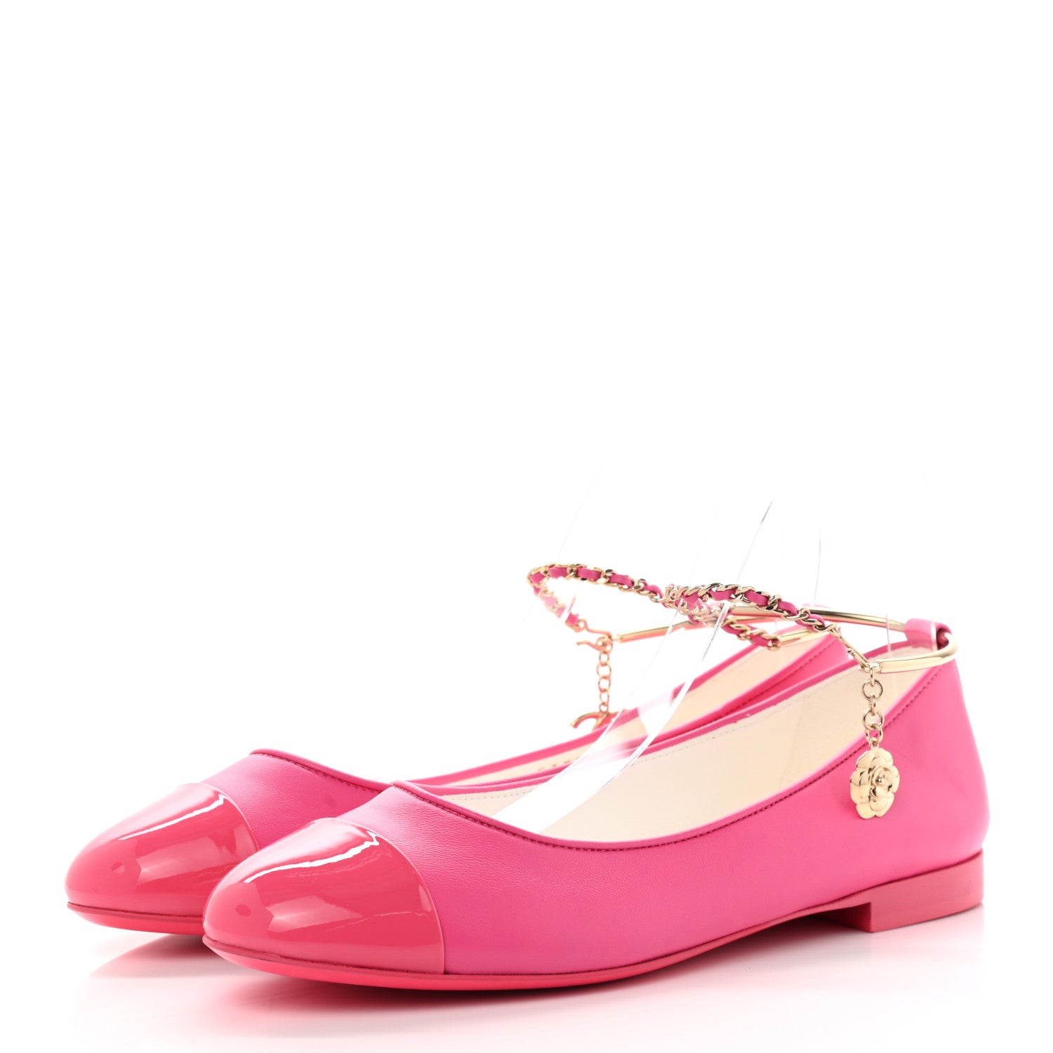 Chanel Lambskin Patent Calfskin Cap Toe Ankle Chain Ballerina Flats 38.5 Pink 3 of 8