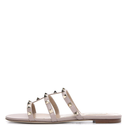 Valentino Garavani Calfskin Rockstud Caged Flat Slide Sandals 38 Poudre 1 of 8