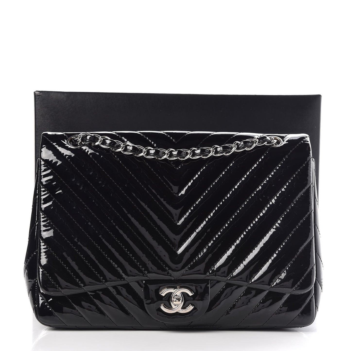 Patent Chevron Quilted Jumbo Single Flap Black