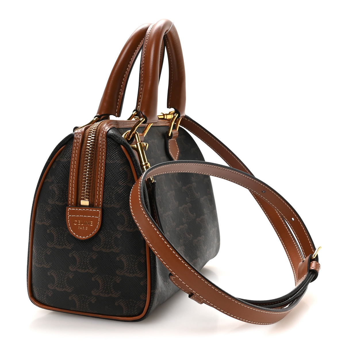 Celine Triomphe Canvas Calfskin Small Boston Bag Tan 3 of 12