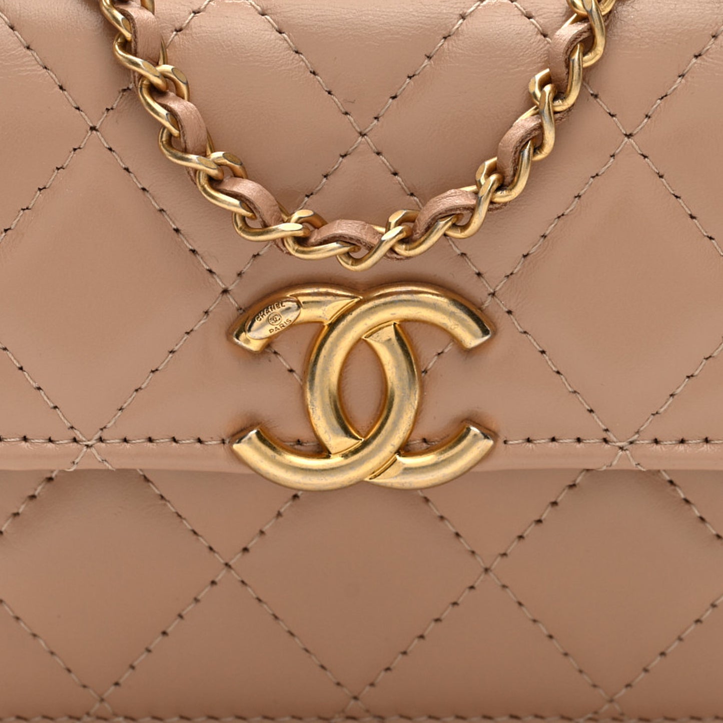 Calfskin Quilted Perfect Fit Coin Purse With Chain Beige