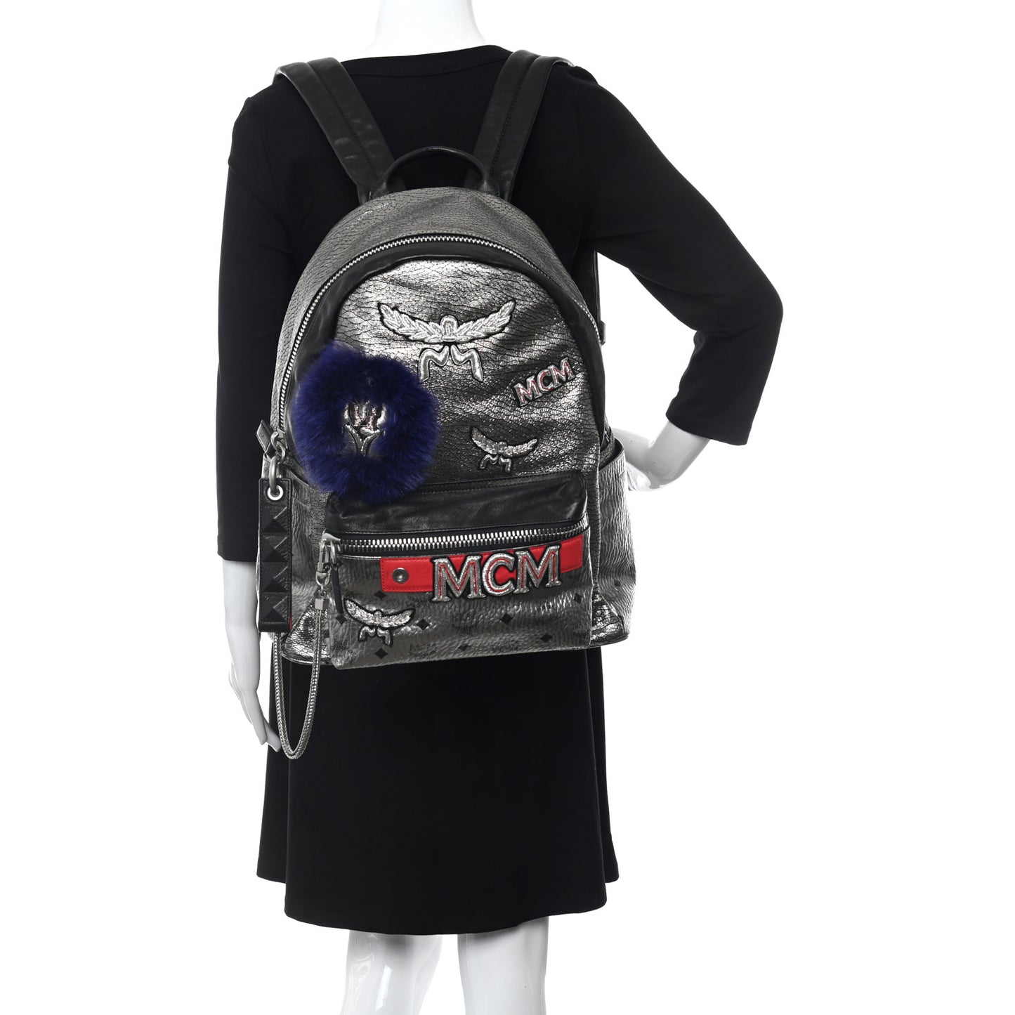 Metallic Visetos Medium Fox Fur Insignia Side Stud Stark Backpack Silver Black