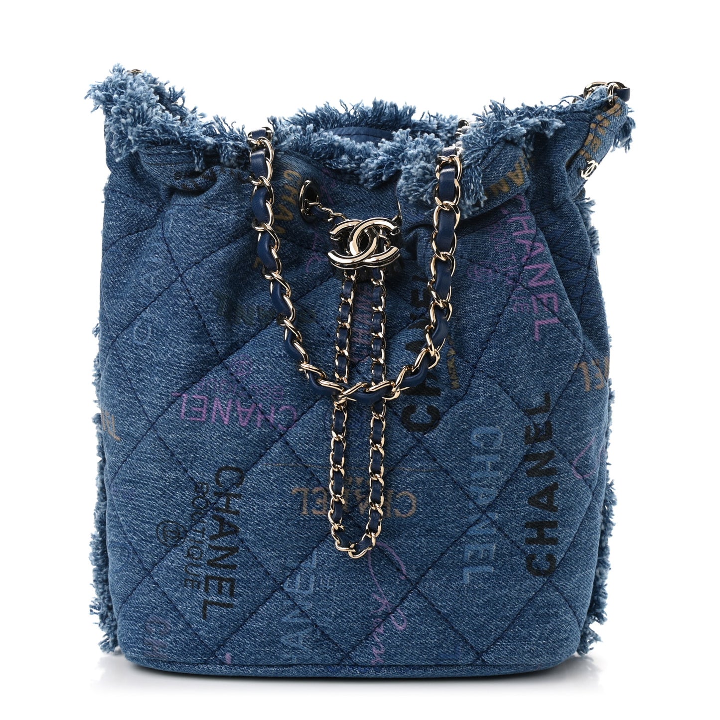Denim Quilted Mood Bucket With Chain Blue Multicolor