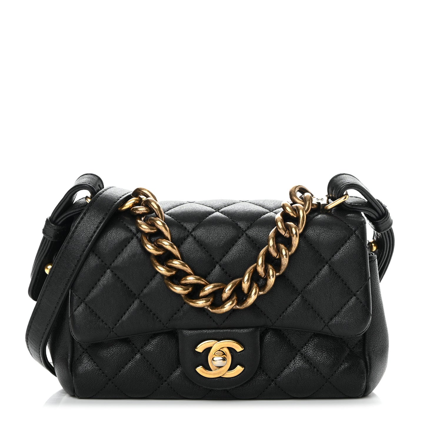 Shiny Sheepskin Quilted Mini Trapezio Flap Black
