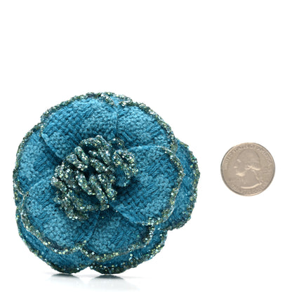 Chanel Tweed Camellia Pin Brooch Turquoise 3 of 5