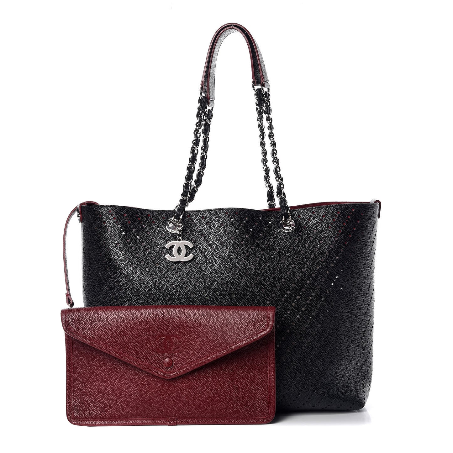 Perforated Grained Calfskin Large Shopping Tote Black