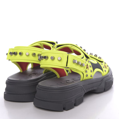 Gucci Technical Canvas Calfskin Studded Mens Aguru Sandals 9 Neon Yellow 4 of 8