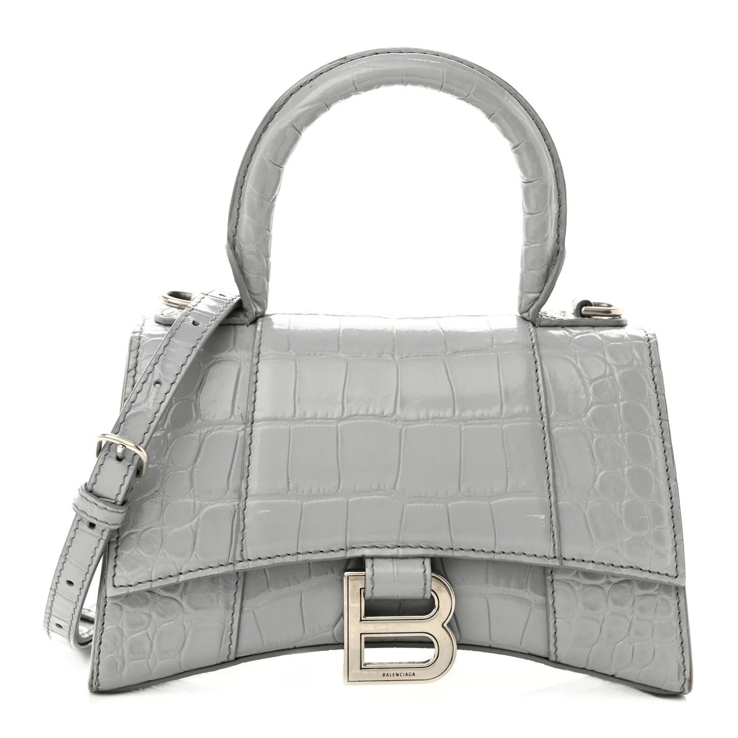 Shiny Calfskin Crocodile Embossed Hourglass Top Handle Bag XS Balenciaga Grey