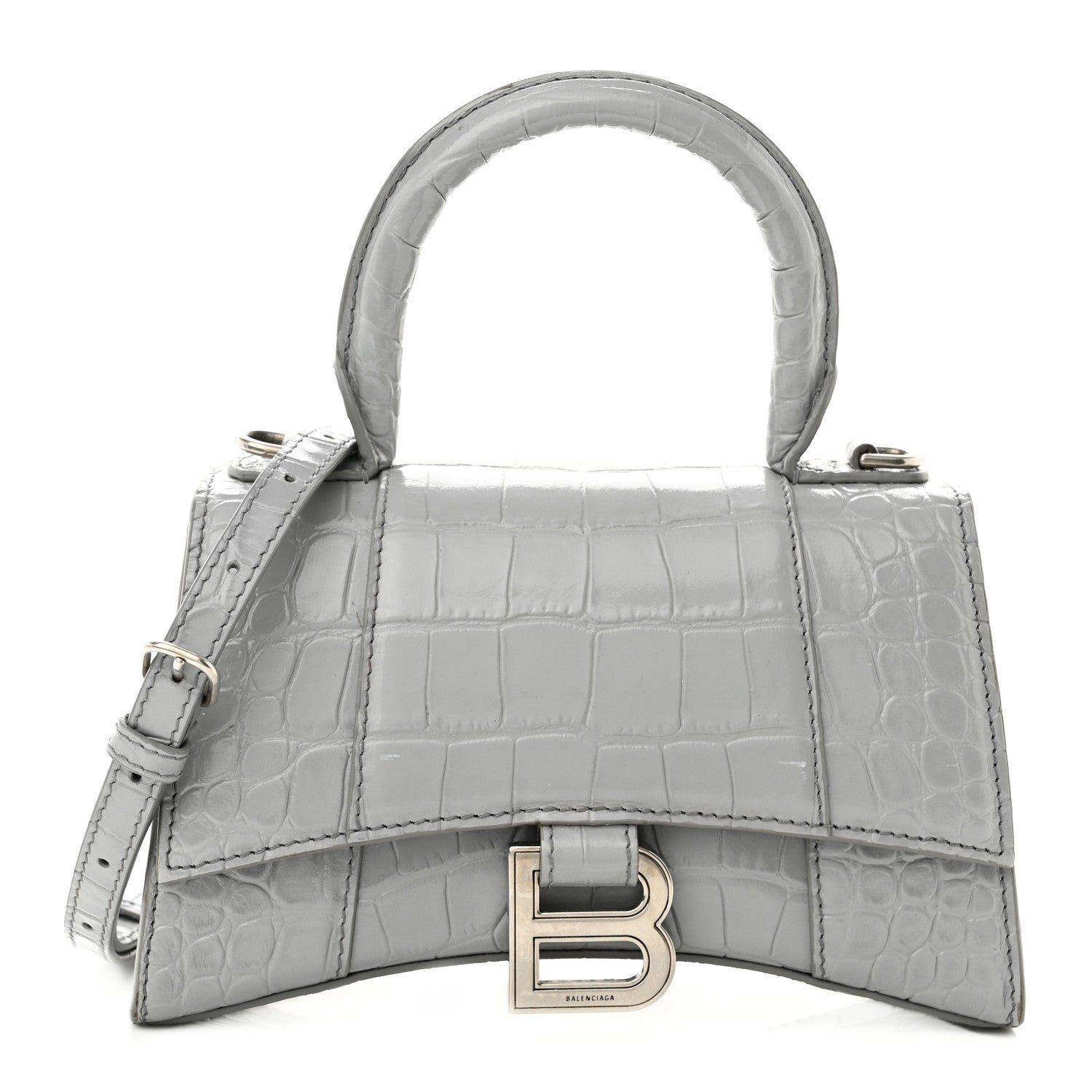 Balenciaga Shiny Calfskin Crocodile Embossed Hourglass Top Handle Bag XS Balenciaga Grey 1 of 13