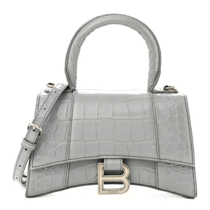 Balenciaga Shiny Calfskin Crocodile Embossed Hourglass Top Handle Bag XS Balenciaga Grey 1 of 13