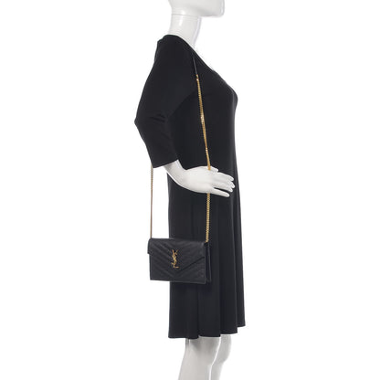 Saint Laurent Grain De Poudre Matelasse Chevron Monogram Envelope Chain Wallet Black 2 of 21