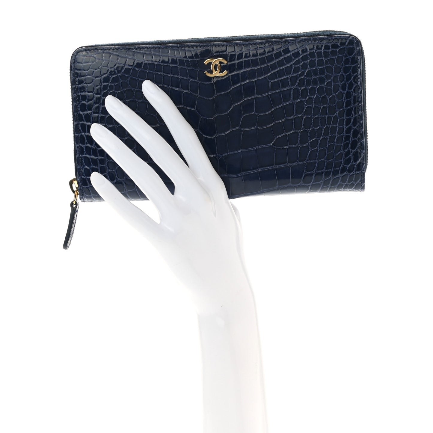 Alligator Large Gusset Zip Around Wallet Blue