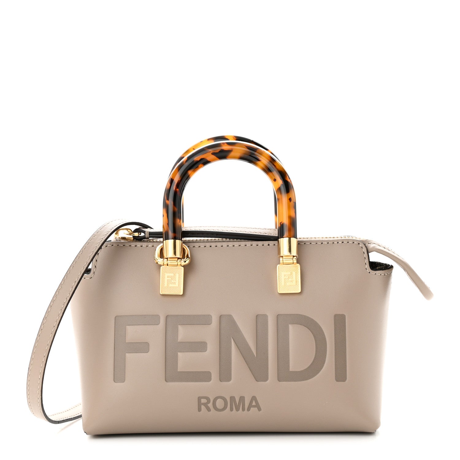 Fendi Vitello King Plexiglass Logo Embossed Mini By The Way Top Handle Boston Bag Tortora 1 of 10