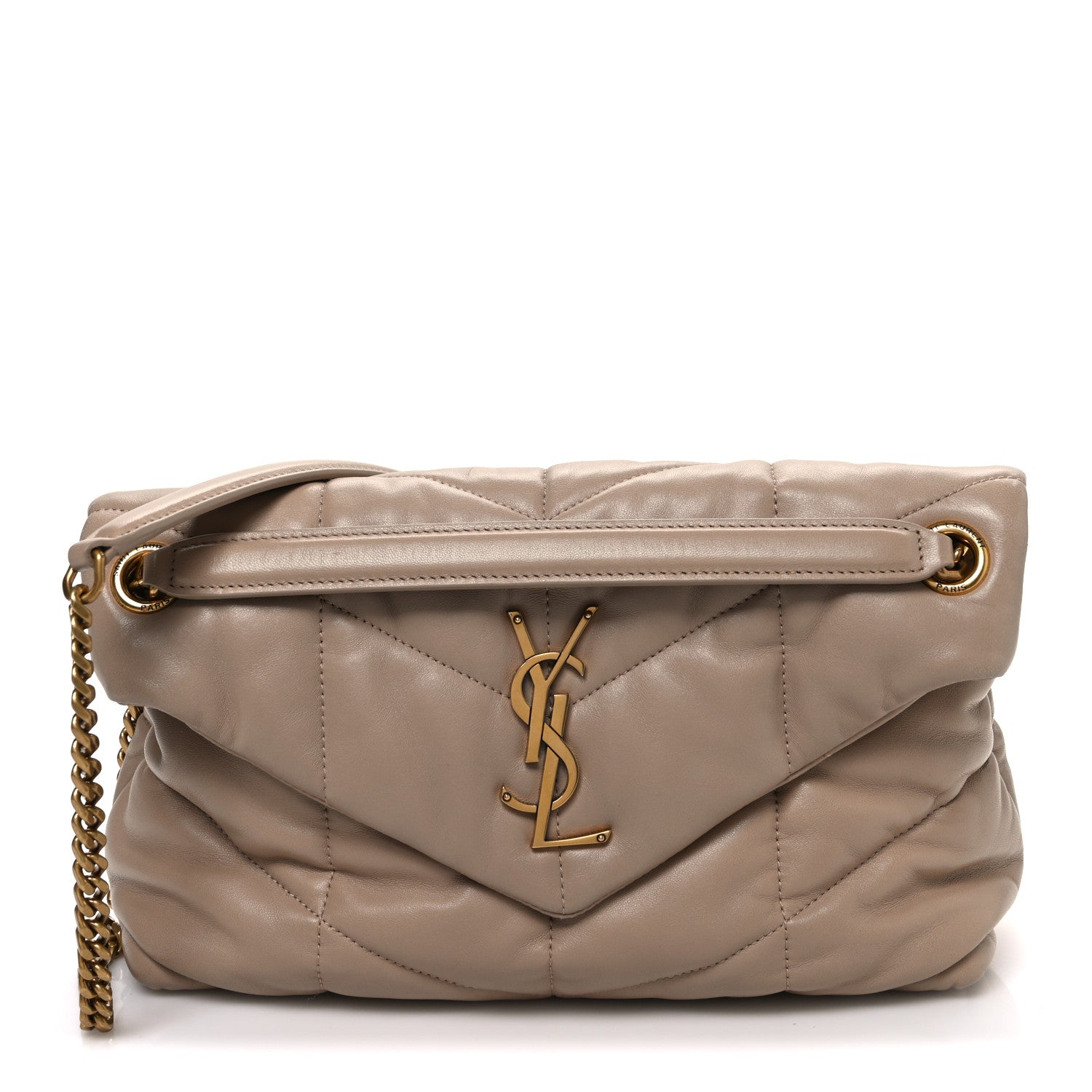 Saint Laurent Lambskin Quilted Small Loulou Puffer Monogram Chain Satchel Dark Beige 1 of 10