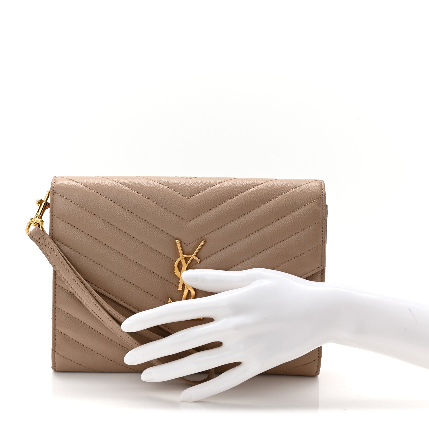 Saint Laurent Grain De Poudre Matelasse Chevron Monogram Envelope Clutch Dark Beige 2 of 11