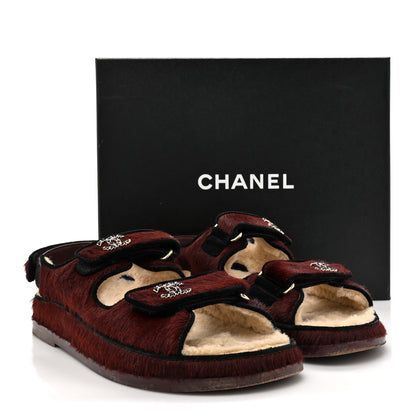 Chanel Calf Hair Suede Shearling Dad Sandals 38 Burgundy Black 11 of 11