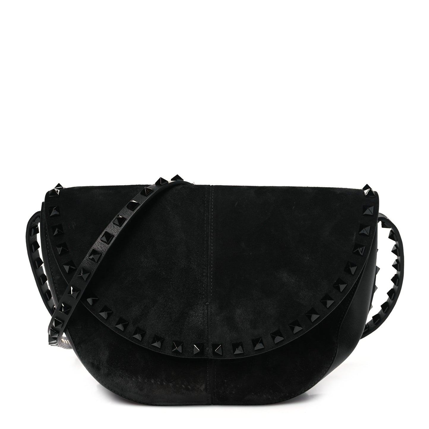 Suede Calfskin Rockstud Halfmoon Saddle Bag Black
