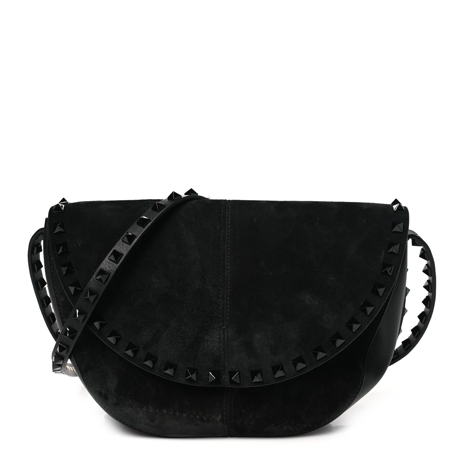 Valentino Garavani Suede Calfskin Rockstud Halfmoon Saddle Bag Black 1 of 9