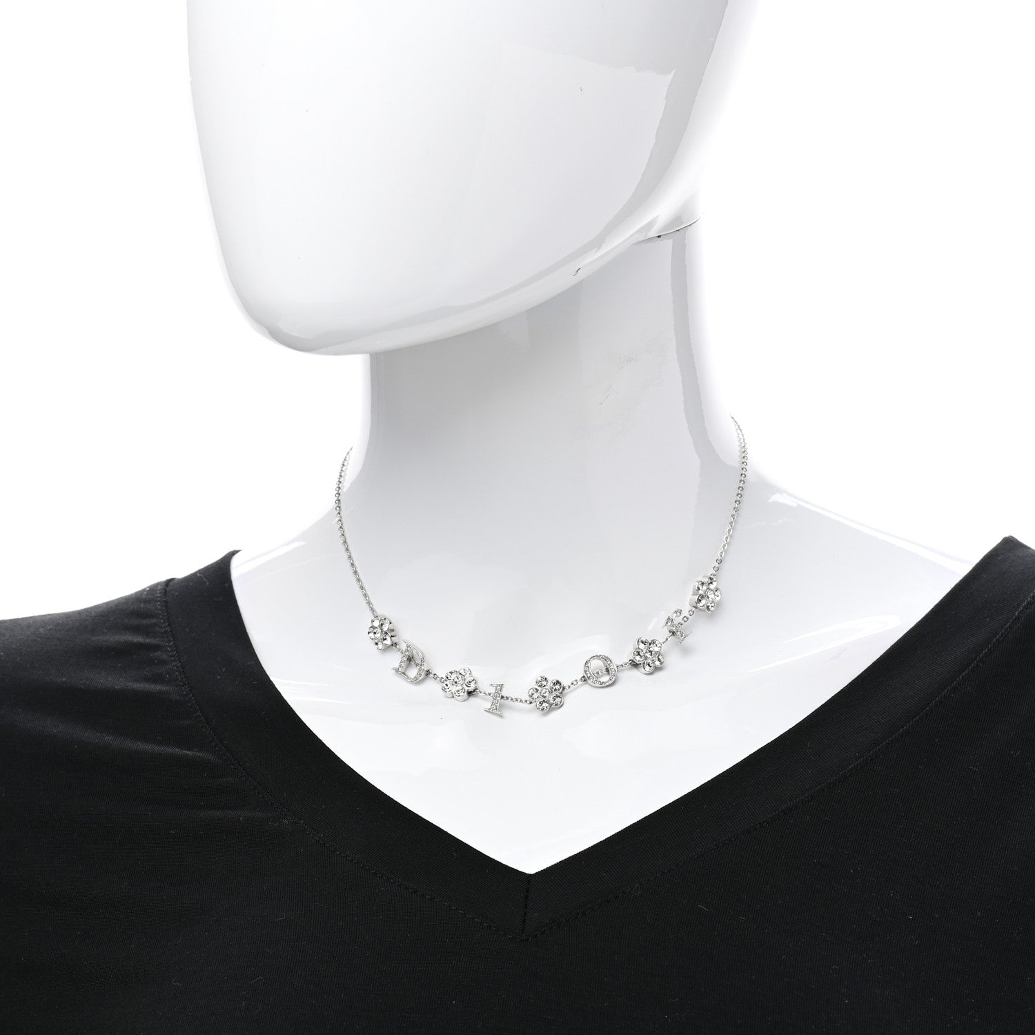 Christian Dior Crystal Logo Charm Necklace Silver 2 of 5