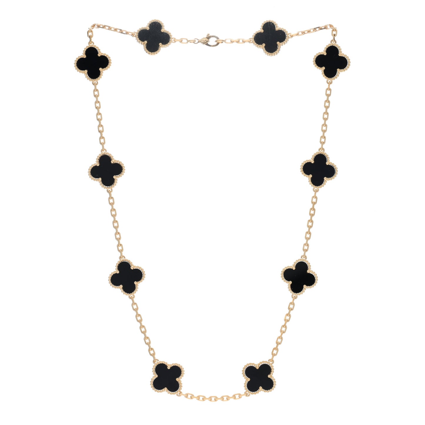 18K Yellow Gold Black Onyx 10 Motifs Vintage Alhambra Necklace