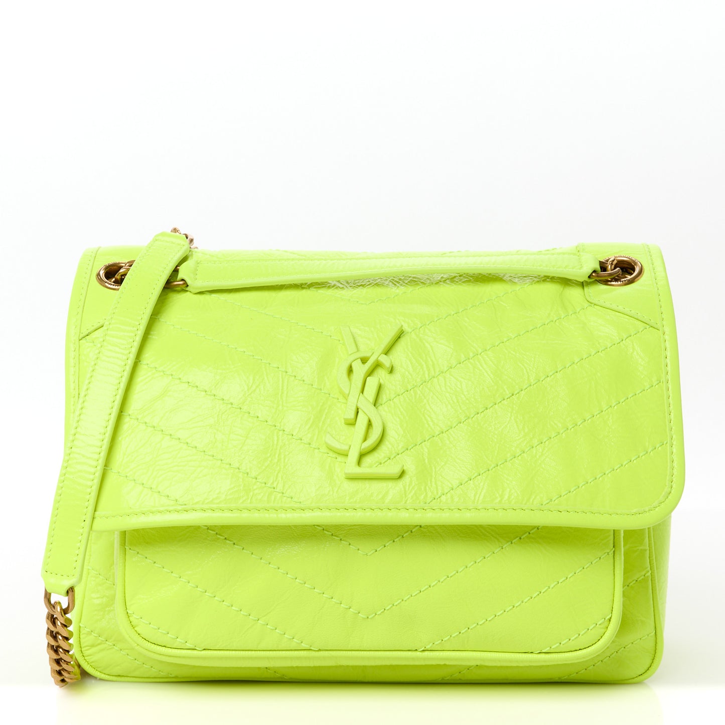 Crinkled Calfskin Matelasse Monogram Medium Niki Chain Satchel Neon Yellow