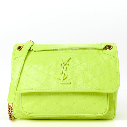 Saint Laurent Crinkled Calfskin Matelasse Monogram Medium Niki Chain Satchel Neon Yellow 1 of 11