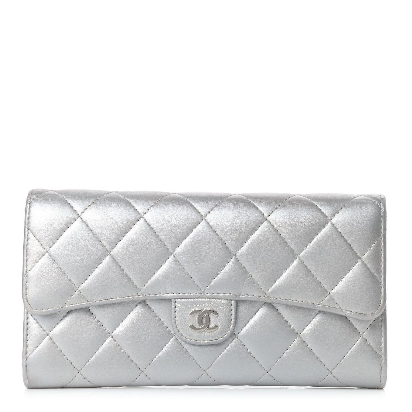 Metallic Lambskin Quilted Long Flap Wallet Silver