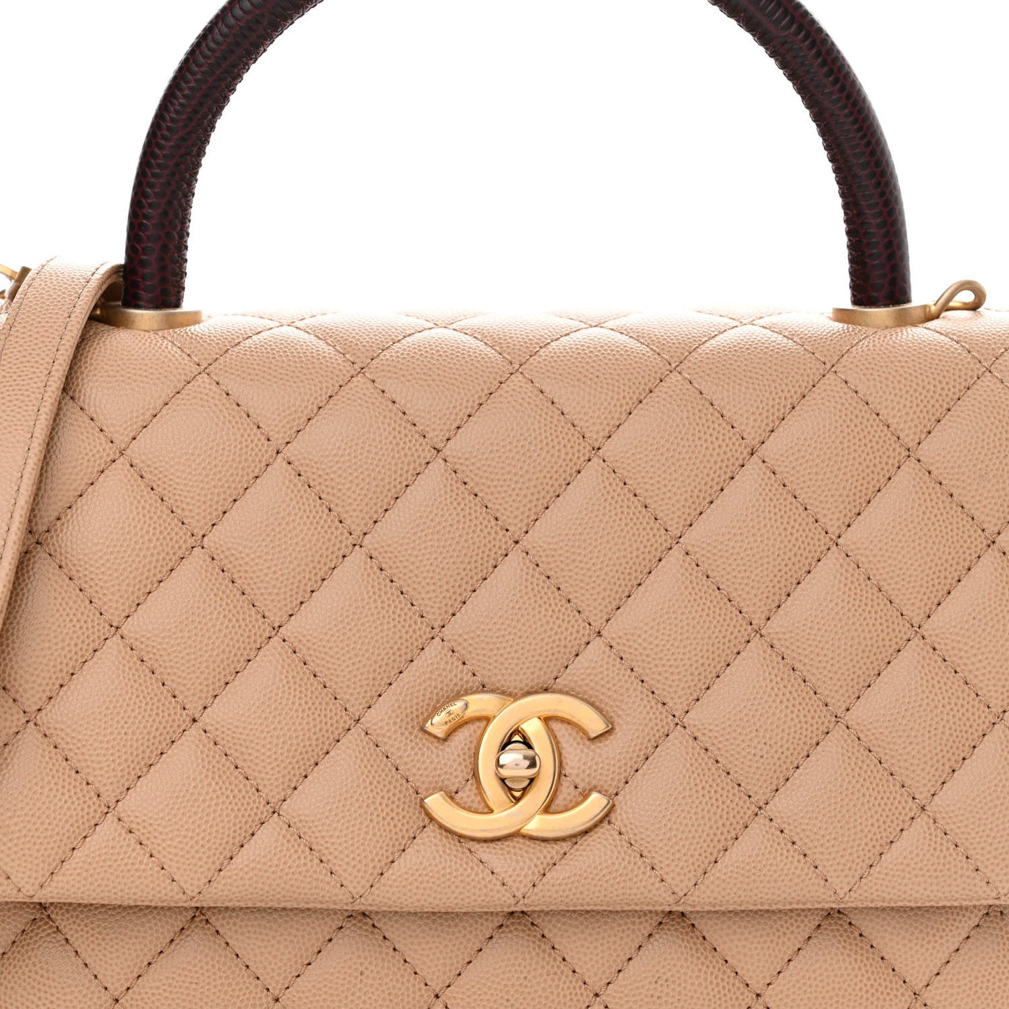 Caviar Lizard Embossed Quilted Small Coco Handle Flap Beige