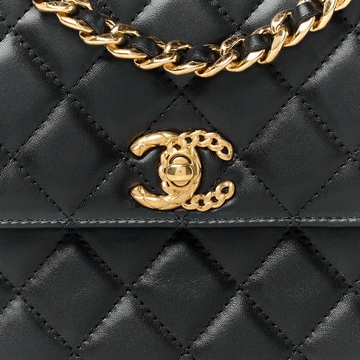 Shiny Calfskin Quilted Small Metal Chain Top Handle Flap Black