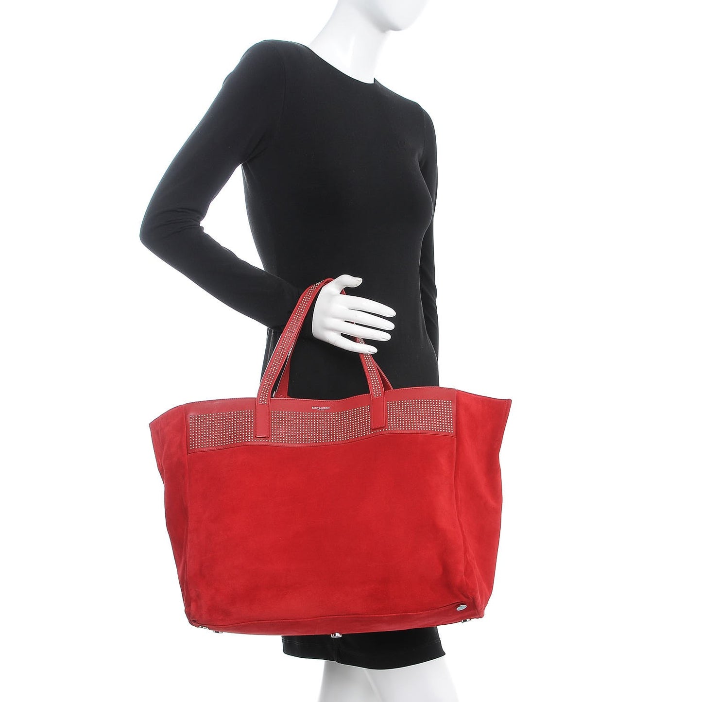Calfskin Suede Stud Reversible Shopper Tote Red