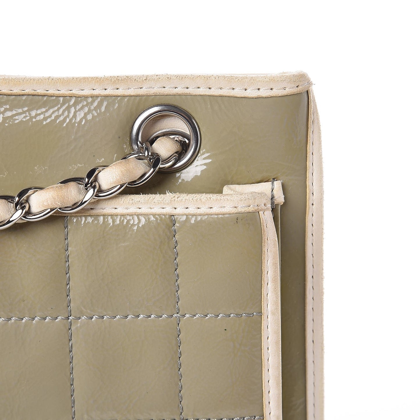 Patent Chocolate Bar Quilted Tote Khaki Beige