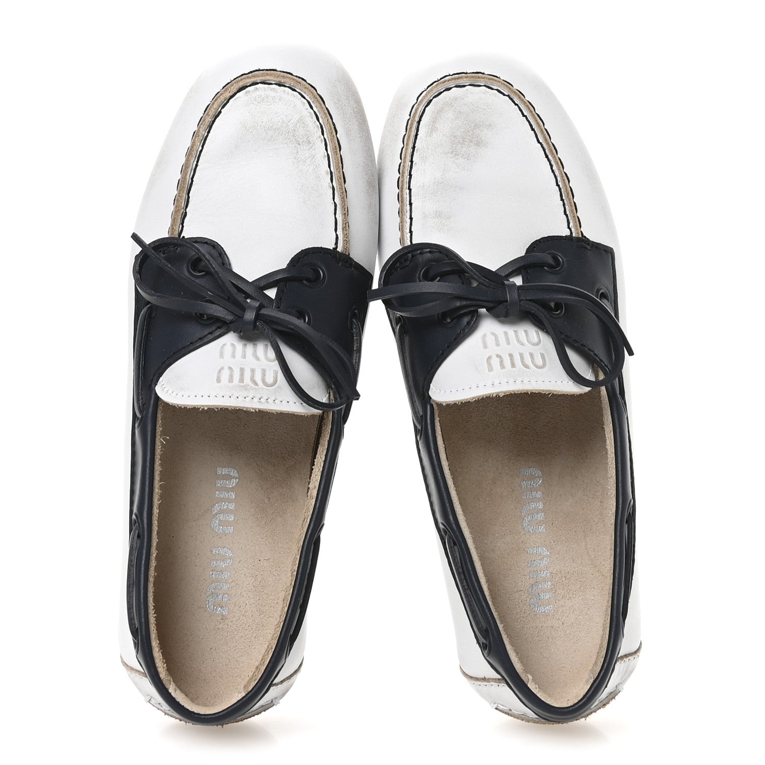 Miu Miu Vitello Deco Boat Loafers 37 White Black 2 of 8