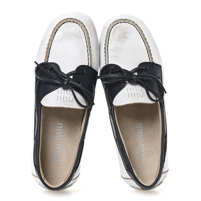 Miu Miu Vitello Deco Boat Loafers 37 White Black 2 of 8