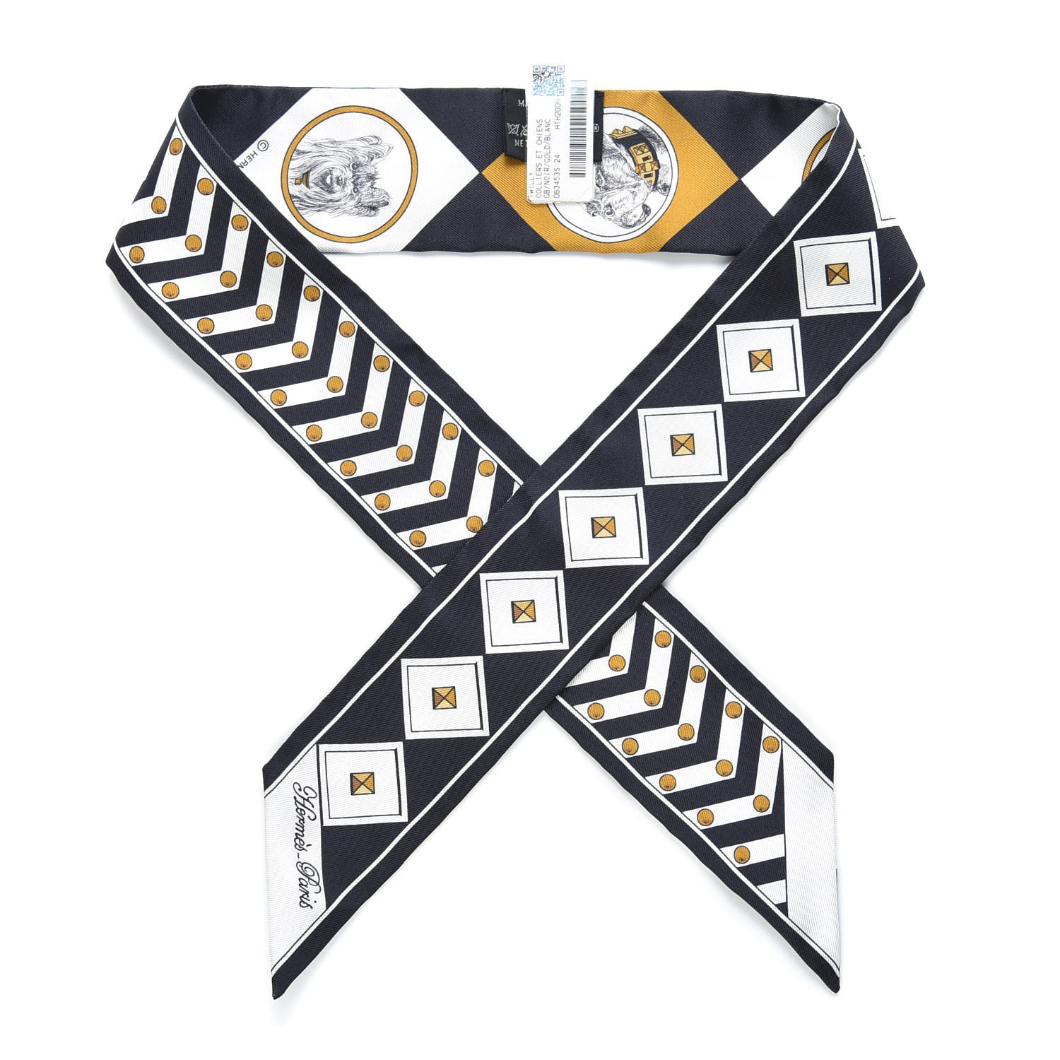 Hermes Silk Colliers Et Chiens Twilly Black Gold White 1 of 4