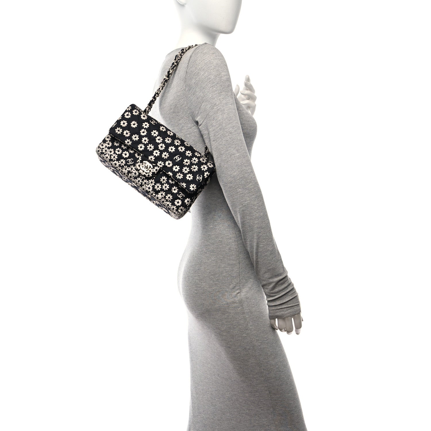 Chanel Canvas Floral Printed Quilted Medium Double Flap Black White 3 of 10