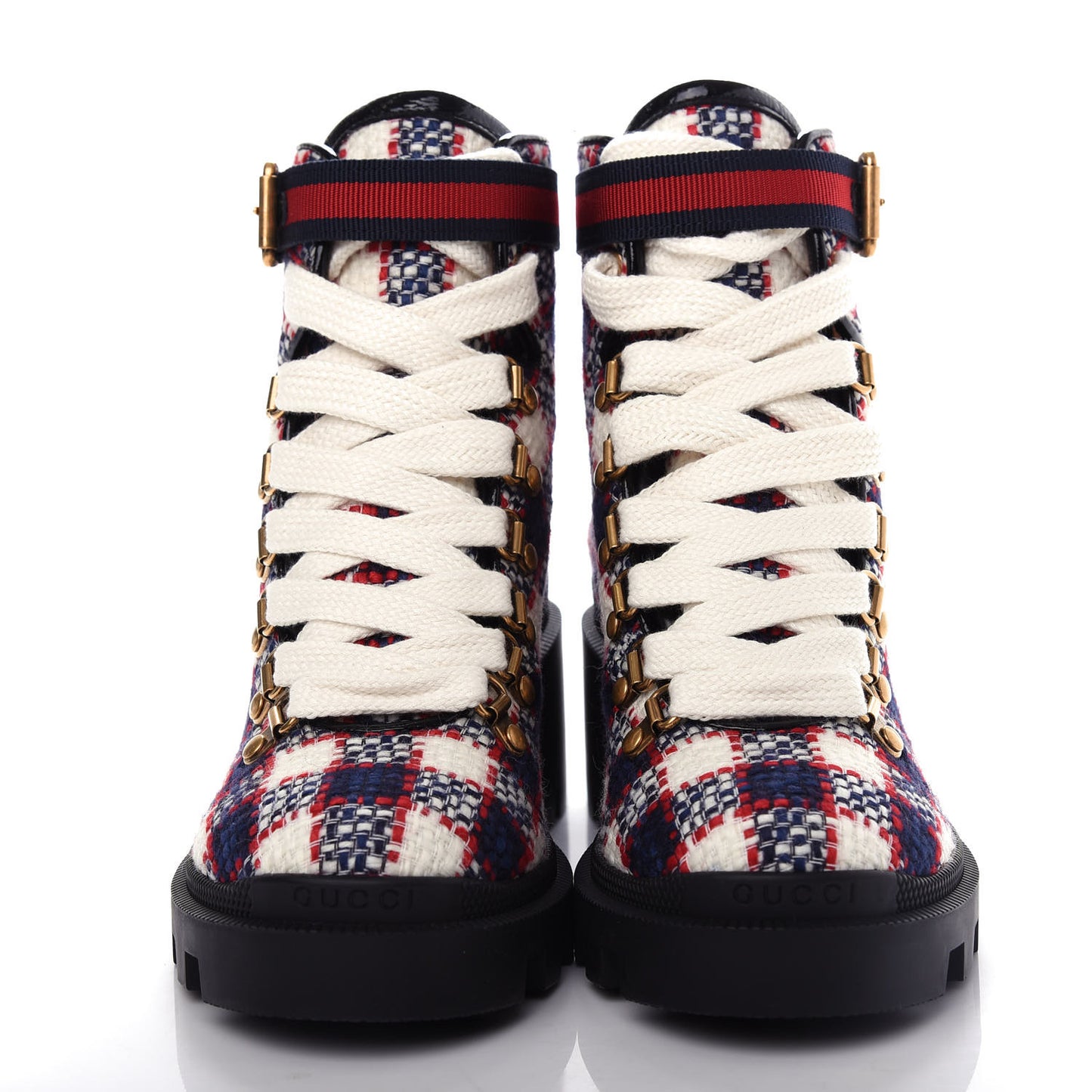 Vintage Tweed Check Lace Up Combat Ankle Boots 35 White Hibiscus Red Marine