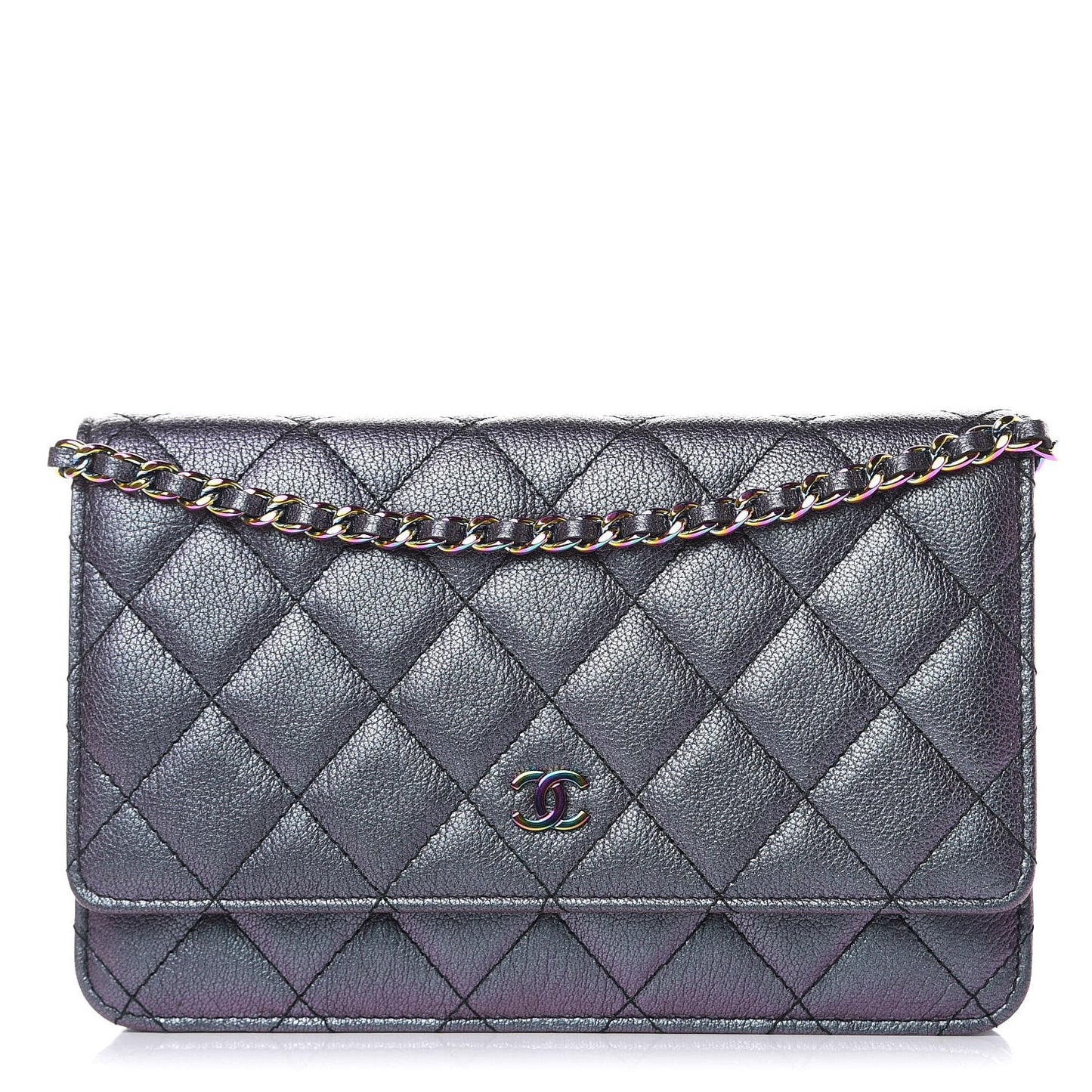 Iridescent Goatskin Quilted Wallet On Chain WOC Purple