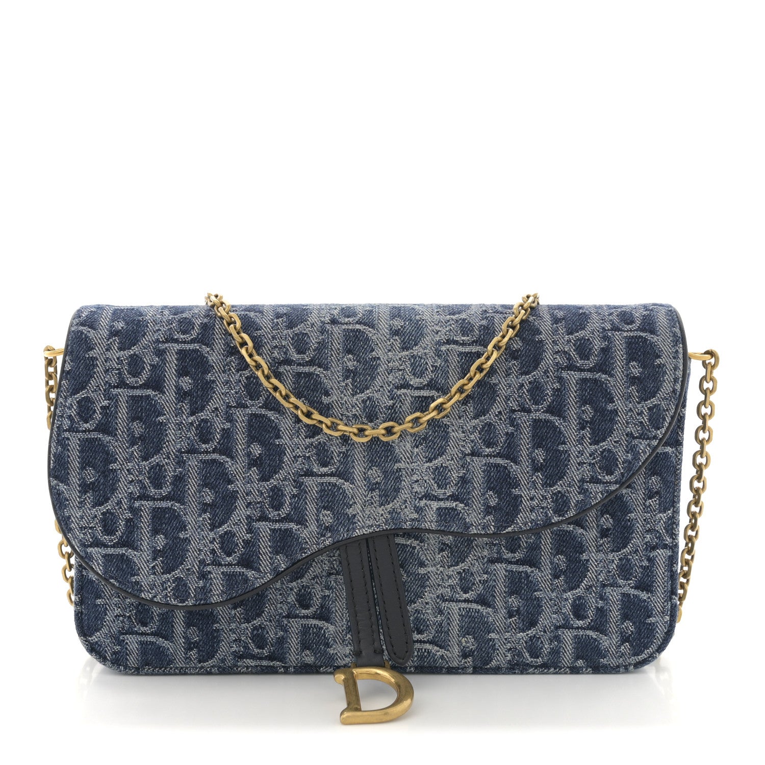 Christian Dior Oblique Denim Small Saddle Pouch With Chain Blue 1 of 11