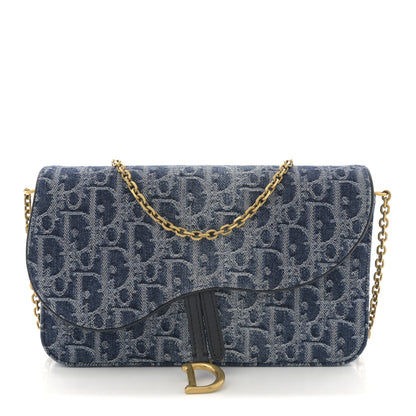Christian Dior Oblique Denim Small Saddle Pouch With Chain Blue 1 of 11