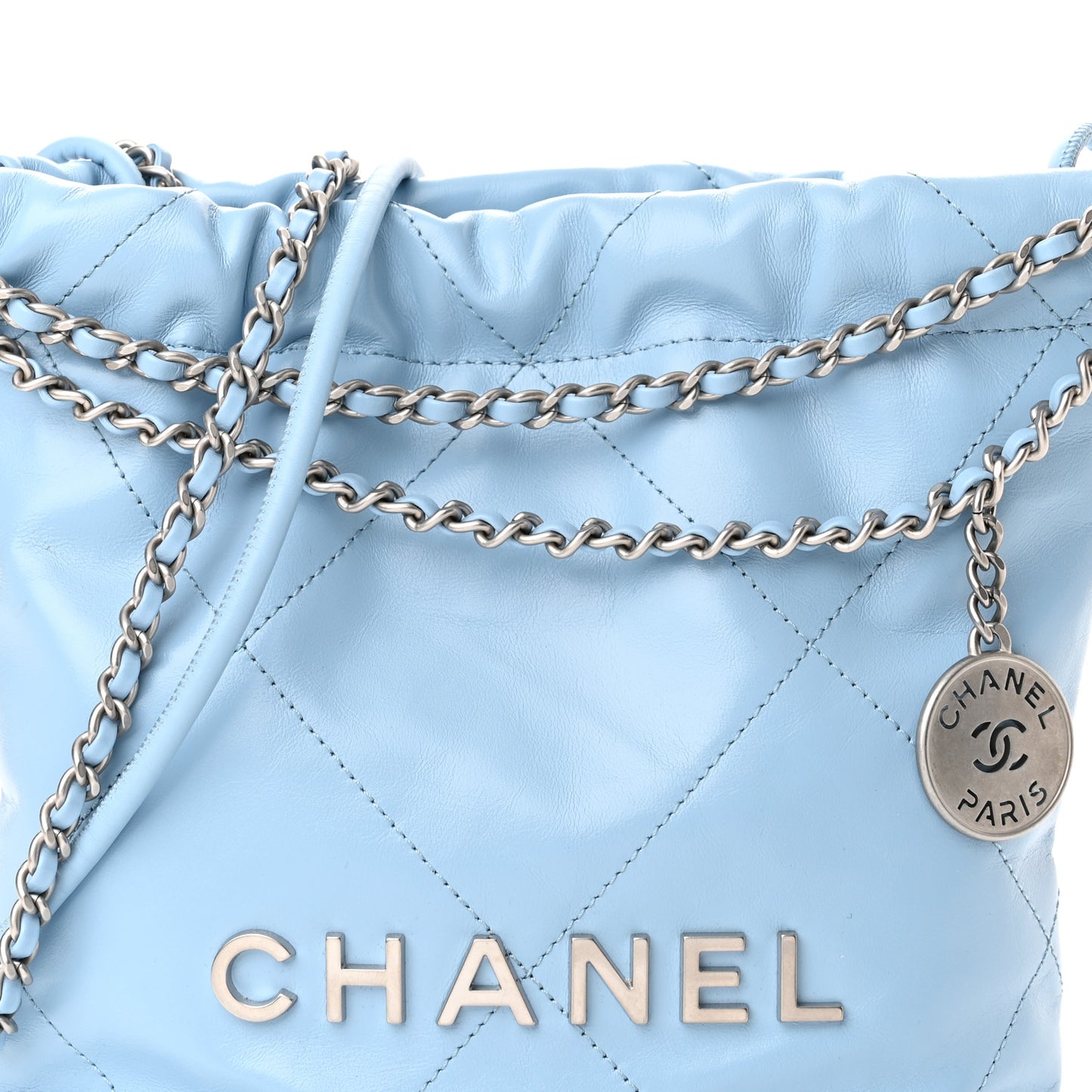 Shiny Calfskin Quilted Mini Chanel 22 Light Blue