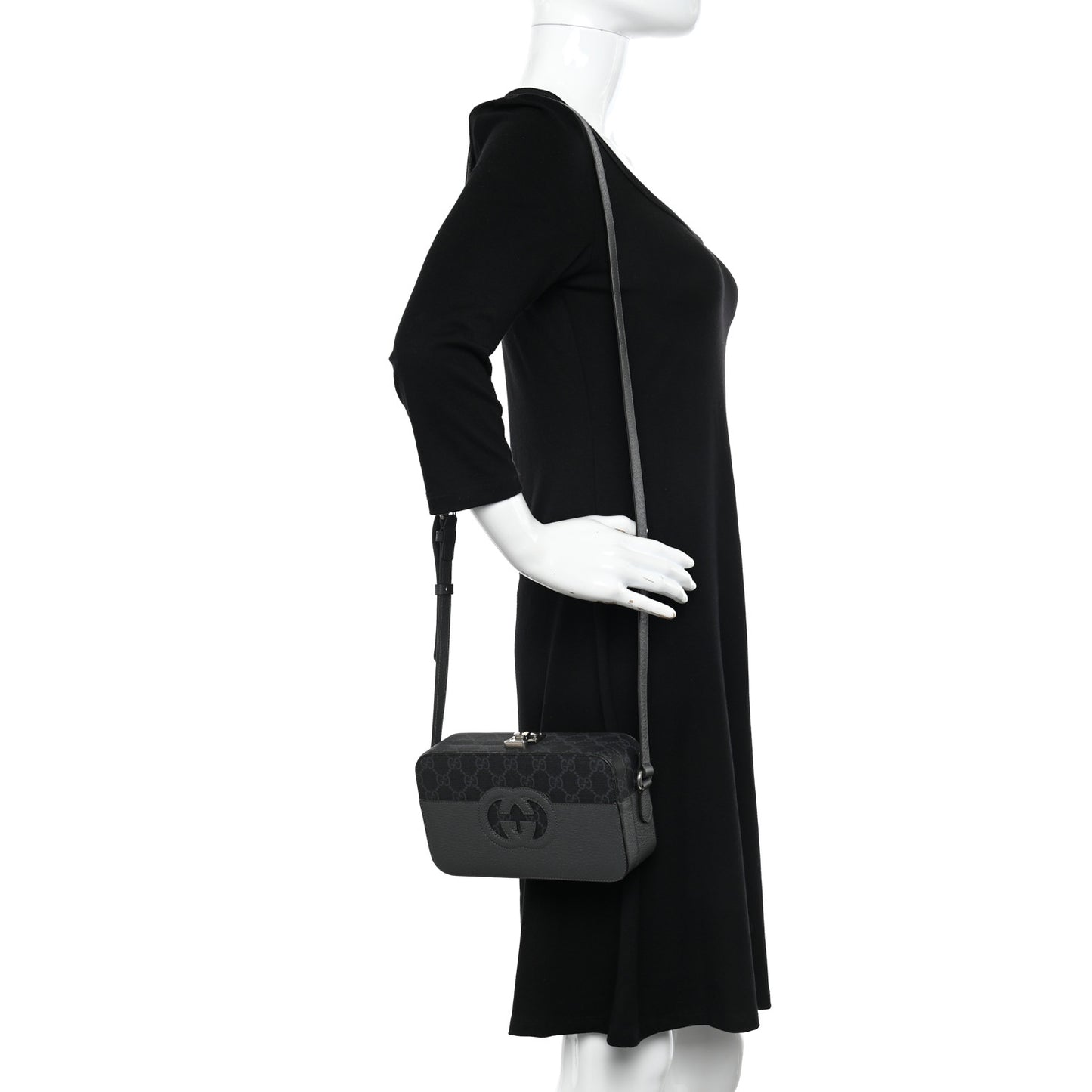 GG Supreme Monogram Textured Dollar Calfskin Mini New Basket Shoulder Bag Black Grey