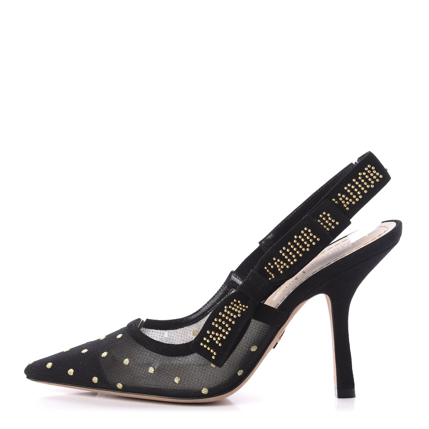 Christian Dior Mesh Plumetis Suede Dotted Studded J'Adoir Slingback 100mm Pumps 37 Black Gold 1 of 9