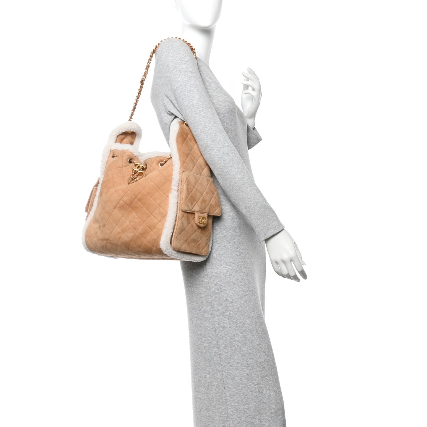 Suede Shearling Quilted Medium Chanel 25 Handbag Beige Natural