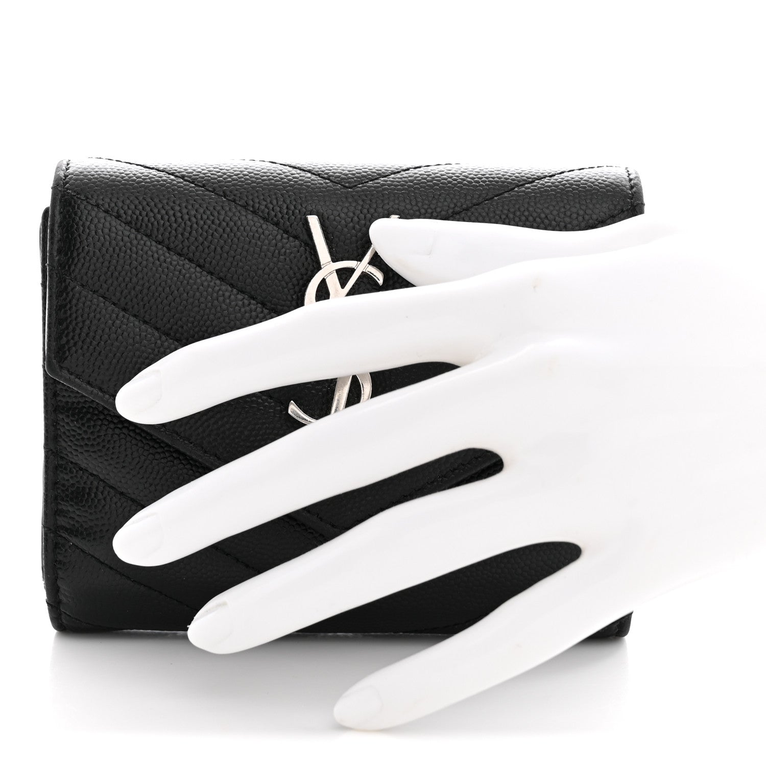 Saint Laurent Grain De Poudre Matelasse Chevron Monogram Compact Tri Fold Wallet Black 2 of 11