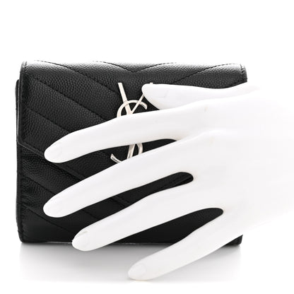 Saint Laurent Grain De Poudre Matelasse Chevron Monogram Compact Tri Fold Wallet Black 2 of 11