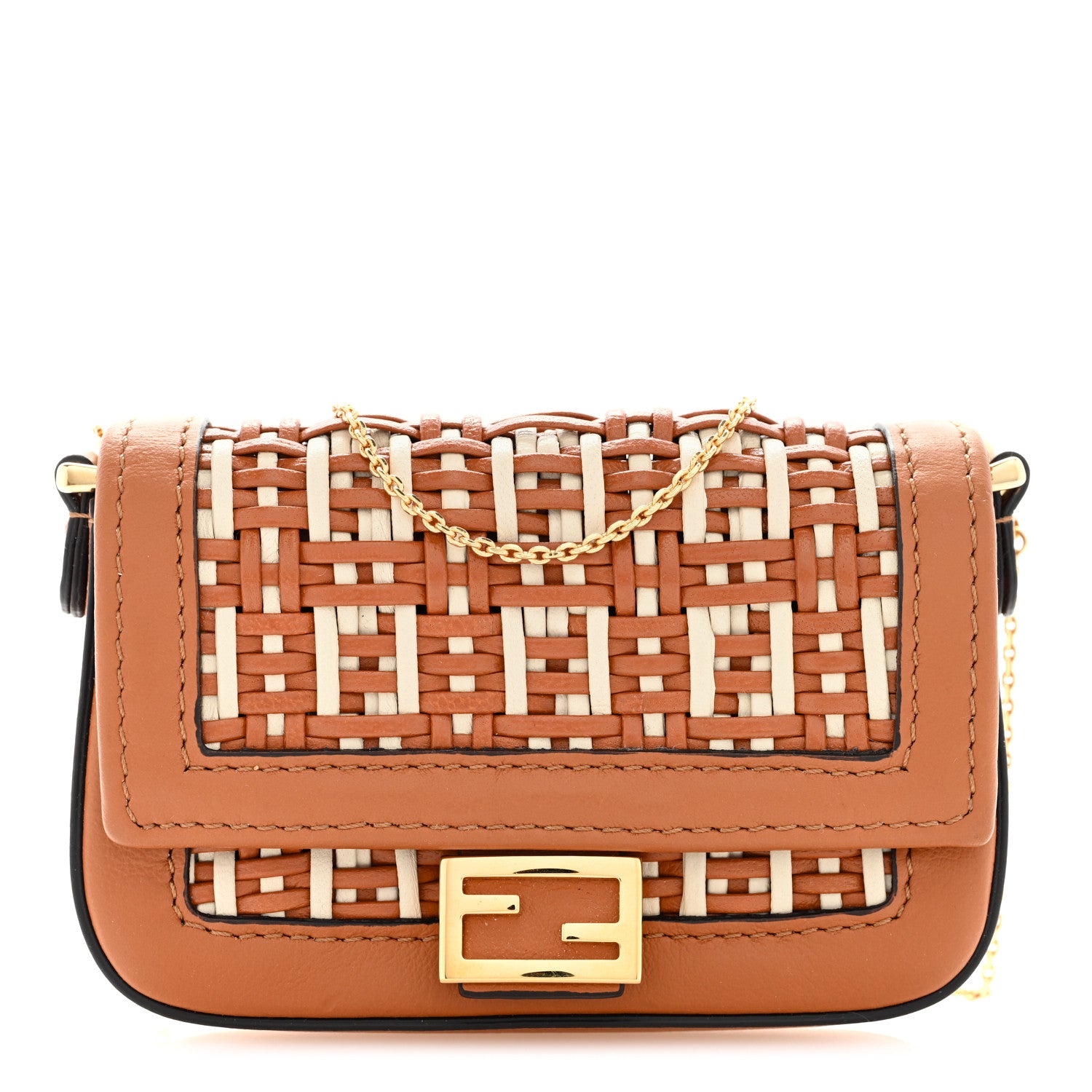 Fendi Nappa Vitello Grace Micro FF Intreccio Nano Baguette Charm Brandy Camelia 1 of 8