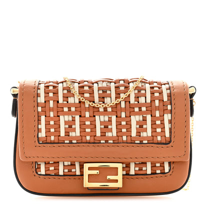 Fendi Nappa Vitello Grace Micro FF Intreccio Nano Baguette Charm Brandy Camelia 1 of 8