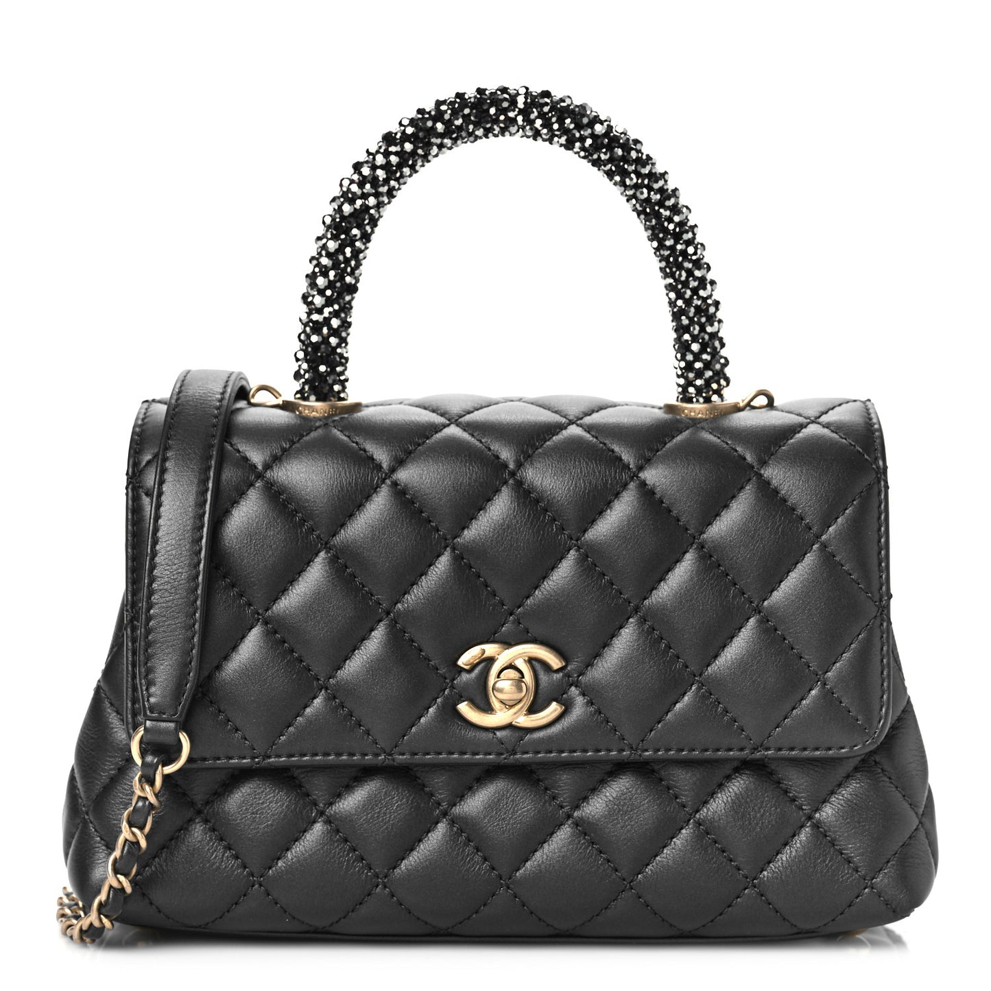 Calfskin Strass Quilted Mini Coco Handle Flap Dark Silver
