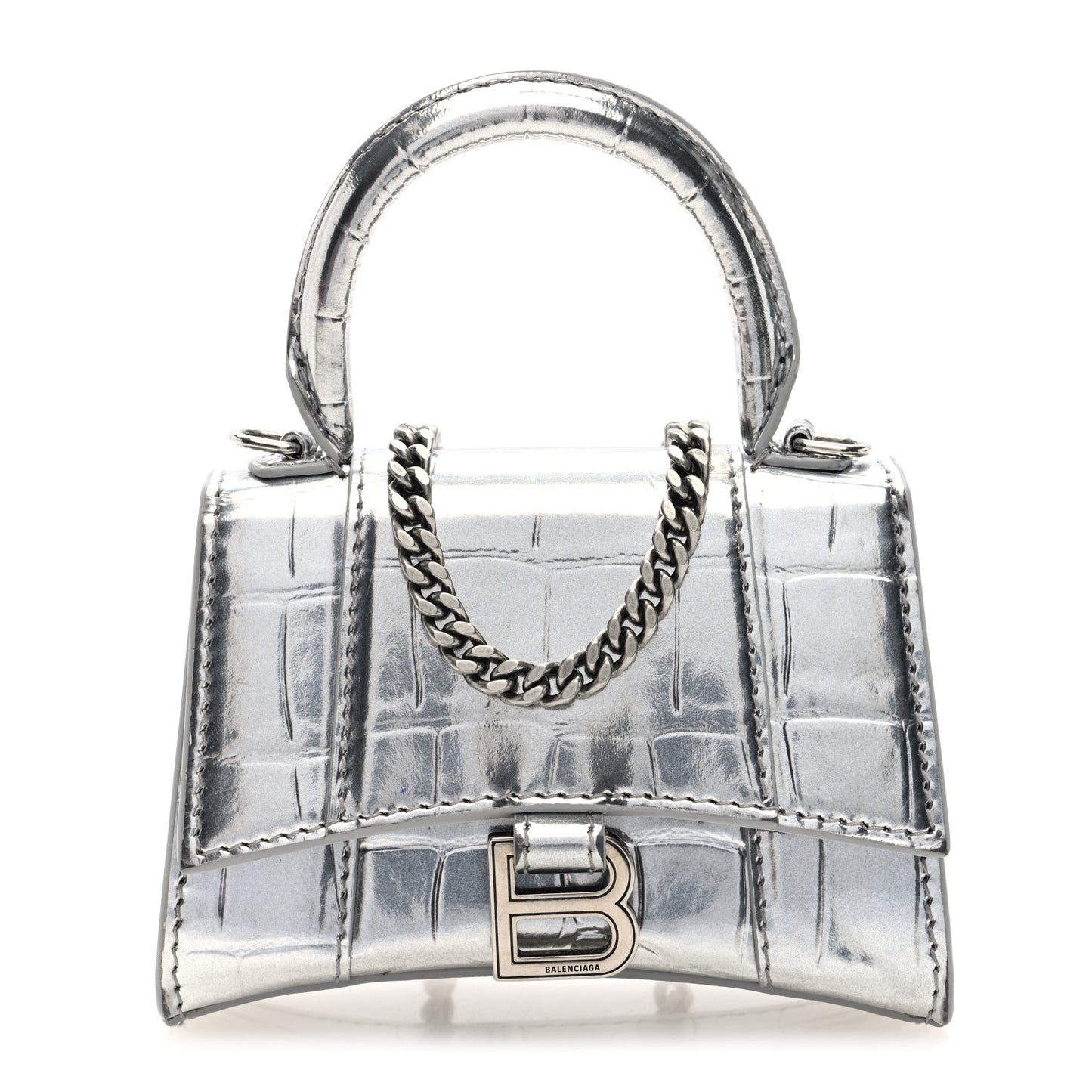 Metallic Calfskin Crocodile Embossed Hourglass Top Handle Bag Mini with Chain Silver